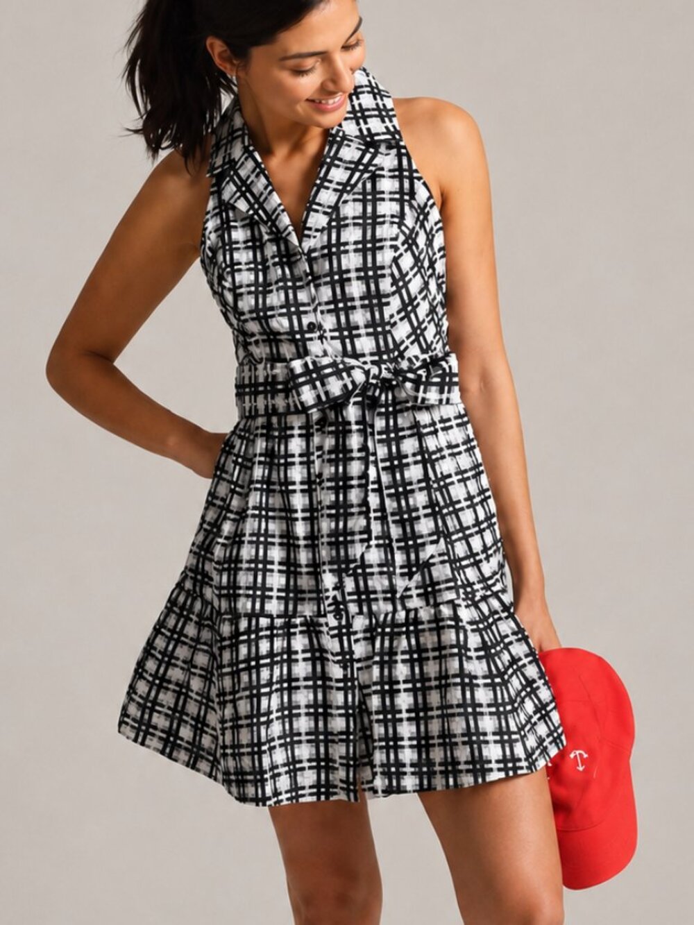Anthropologie Maeve Black & White Plaid Sleeveless Tie Waist Mini Dress Size 4